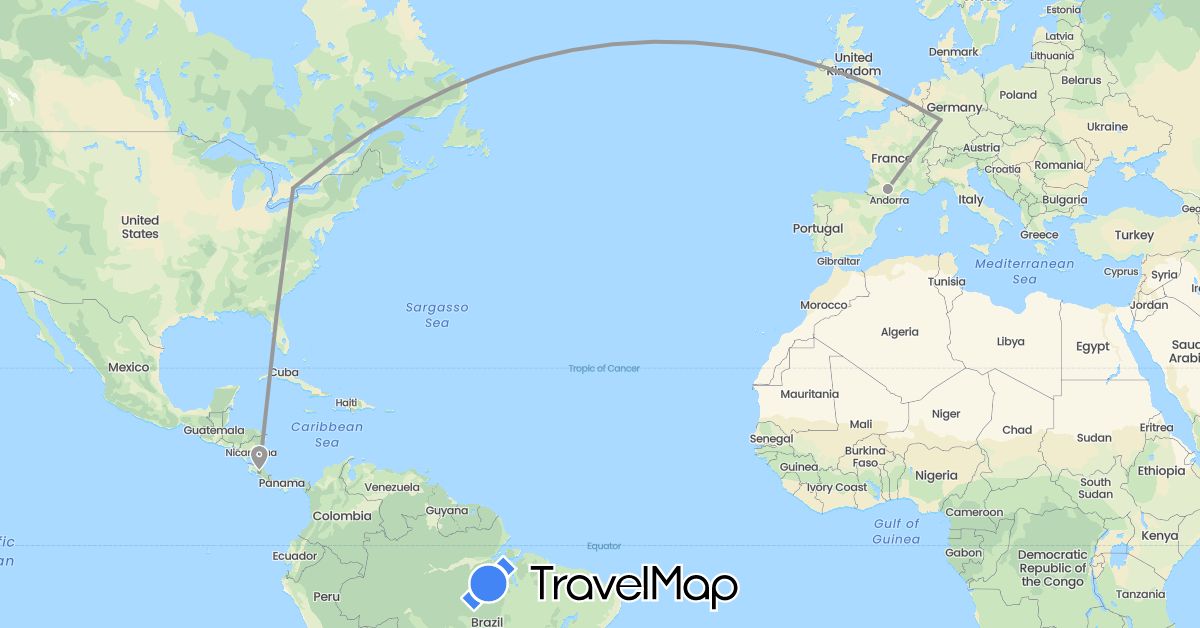 TravelMap itinerary: plane, hiking in Canada, Costa Rica (North America)